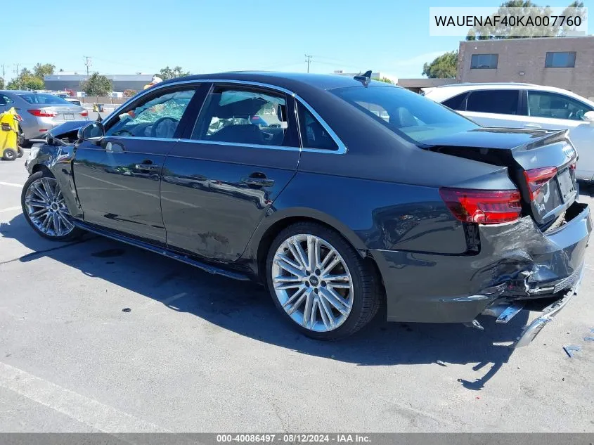 2019 Audi A4 45 Premium VIN: WAUENAF40KA007760 Lot: 40086497