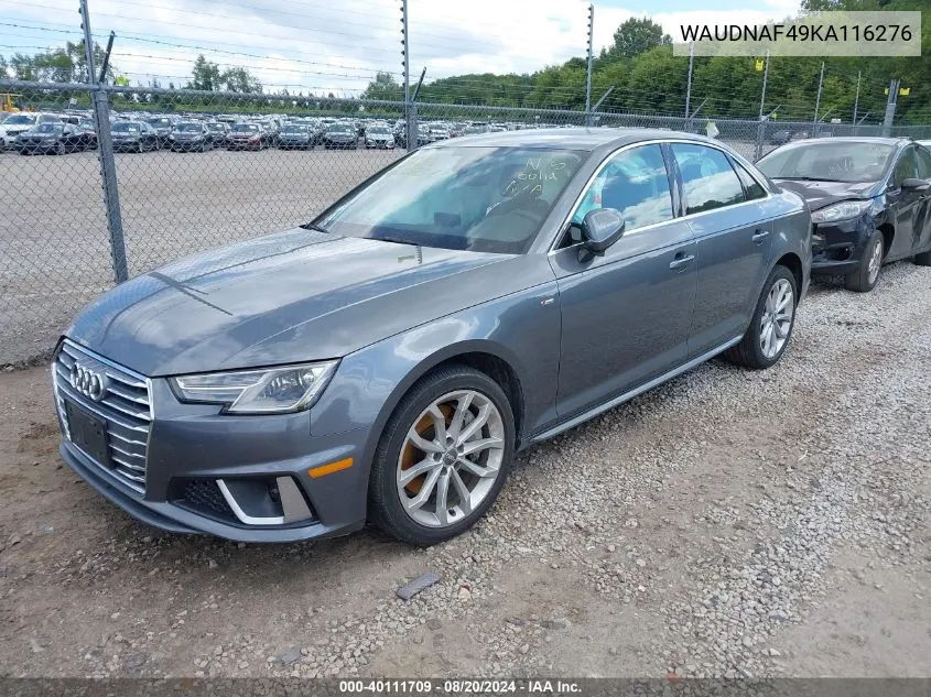 2019 Audi A4 45 Premium VIN: WAUDNAF49KA116276 Lot: 40111709