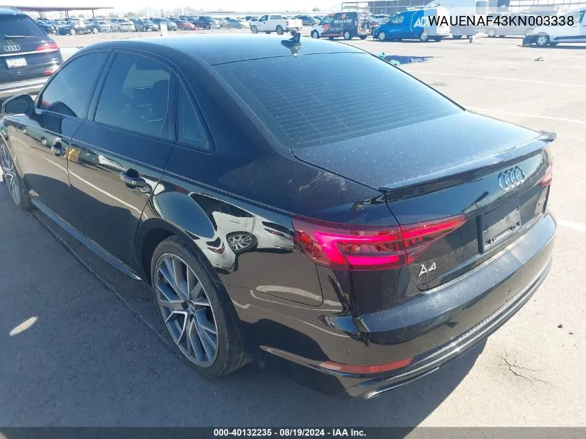 2019 Audi A4 45 Premium VIN: WAUENAF43KN003338 Lot: 40132235