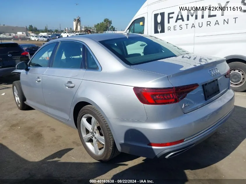 2019 Audi A4 40 Premium/40 Titanium Premium VIN: WAUGMAF42KN011619 Lot: 40163638