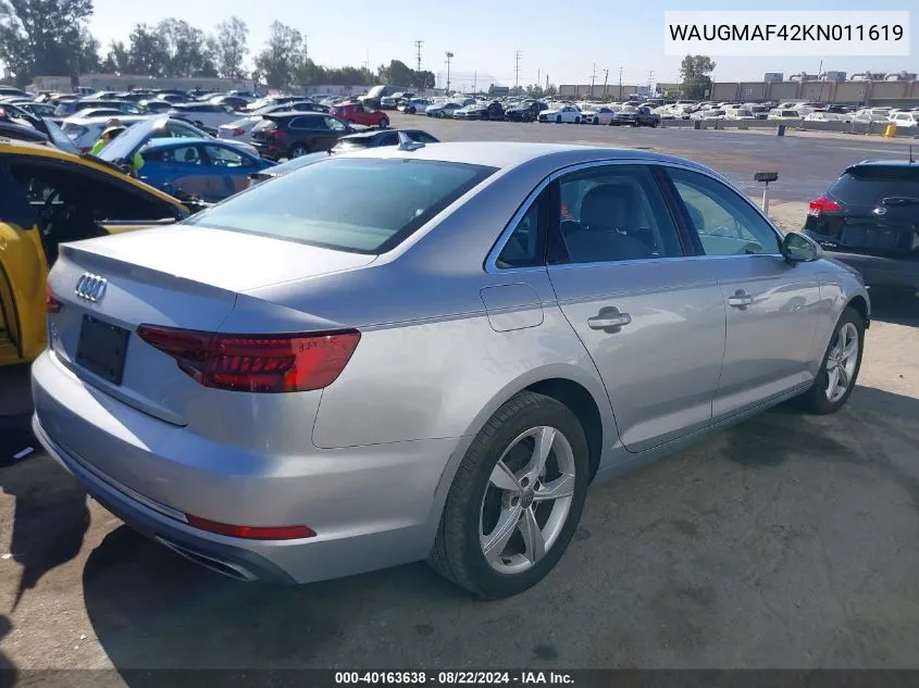 2019 Audi A4 40 Premium/40 Titanium Premium VIN: WAUGMAF42KN011619 Lot: 40163638