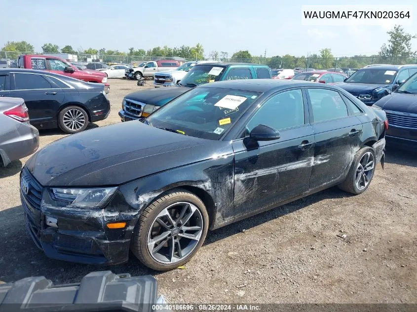 2019 Audi A4 40 Premium/40 Titanium Premium VIN: WAUGMAF47KN020364 Lot: 40186696