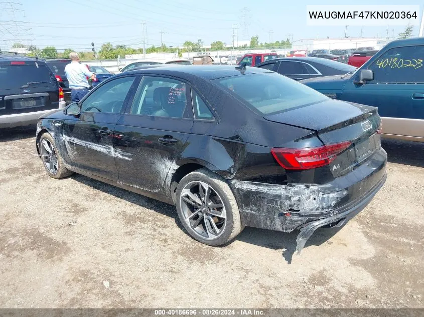 2019 Audi A4 40 Premium/40 Titanium Premium VIN: WAUGMAF47KN020364 Lot: 40186696