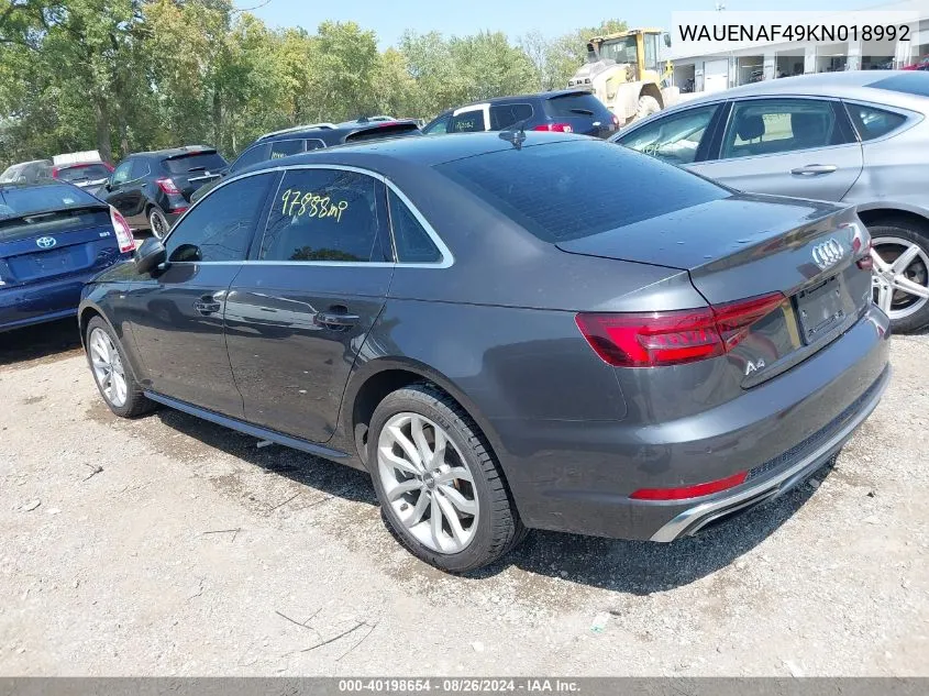 2019 Audi A4 45 Premium VIN: WAUENAF49KN018992 Lot: 40198654