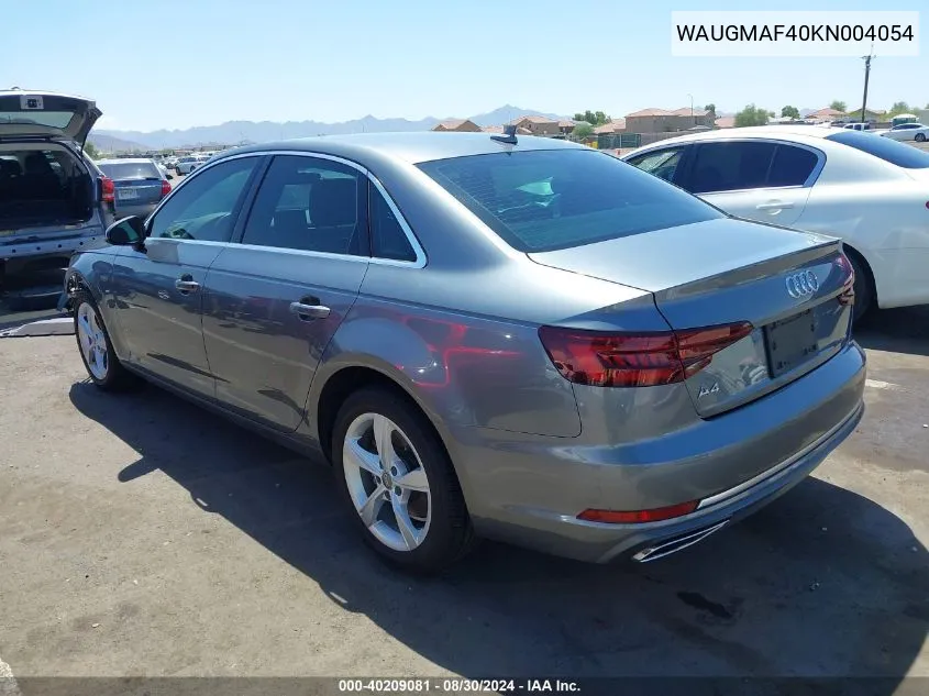 2019 Audi A4 40 Premium/40 Titanium Premium VIN: WAUGMAF40KN004054 Lot: 40209081