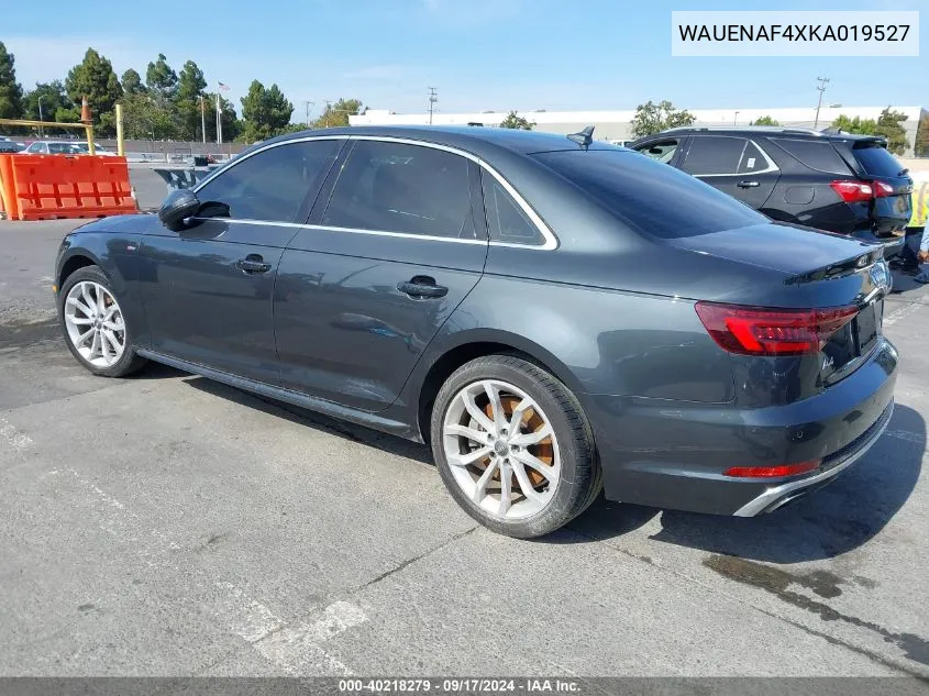 2019 Audi A4 45 Premium VIN: WAUENAF4XKA019527 Lot: 40218279