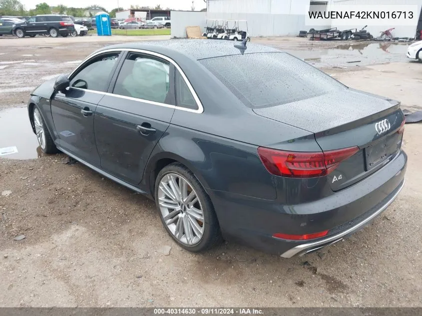 2019 Audi A4 Premium Plus VIN: WAUENAF42KN016713 Lot: 40314630