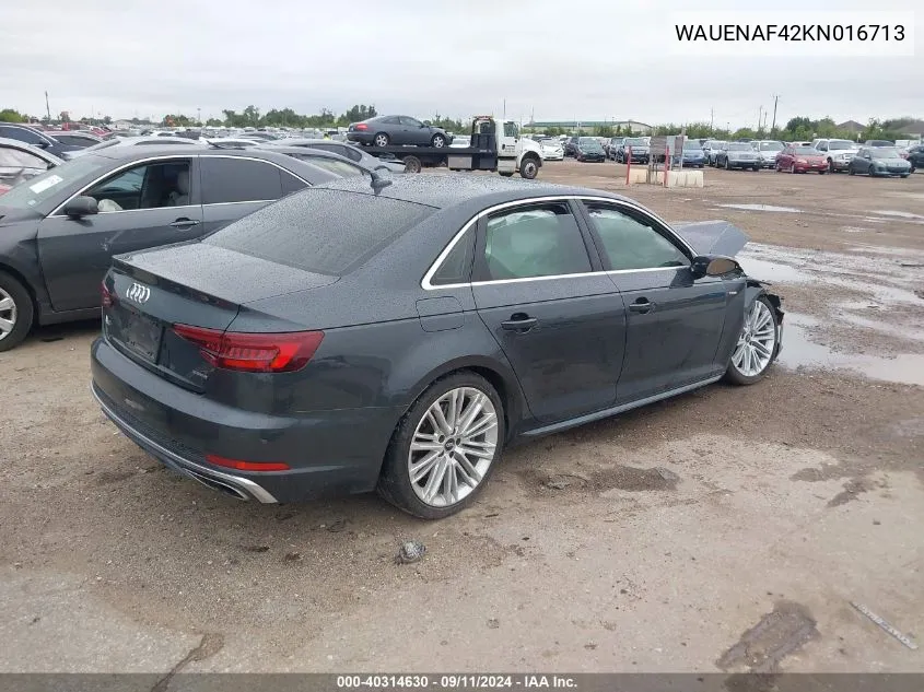 2019 Audi A4 Premium Plus VIN: WAUENAF42KN016713 Lot: 40314630