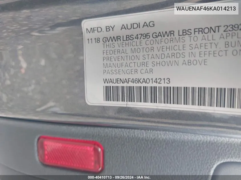 2019 Audi A4 Premium Plus VIN: WAUENAF46KA014213 Lot: 40410713