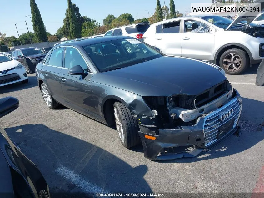 2019 Audi A4 40 Premium/40 Titanium Premium VIN: WAUGMAF42KN004394 Lot: 40501674