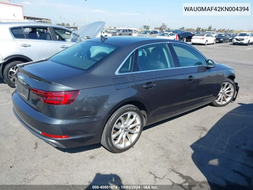 2019 Audi A4 40 Premium/40 Titanium Premium VIN: WAUGMAF42KN004394 Lot: 40501674