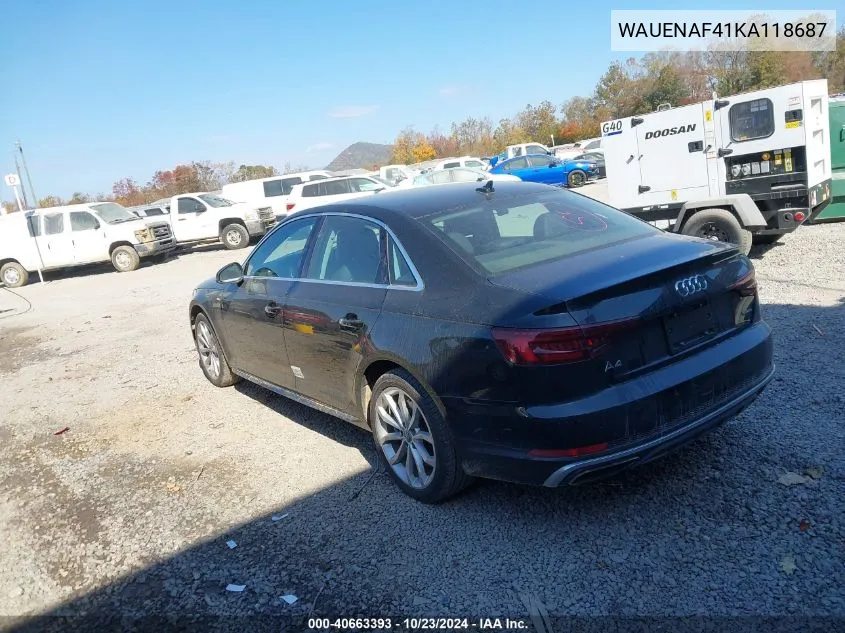 2019 Audi A4 45 Premium VIN: WAUENAF41KA118687 Lot: 40663393