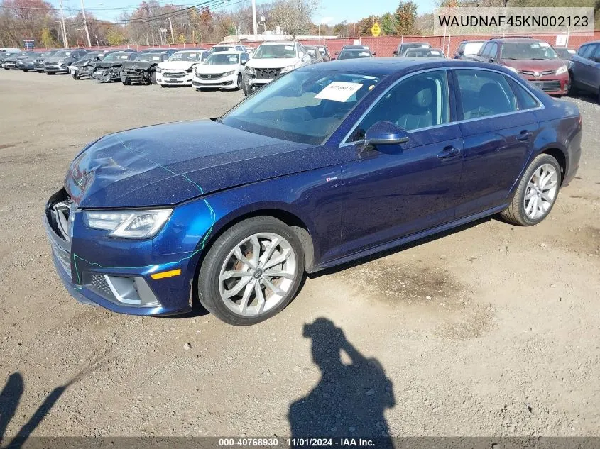 2019 Audi A4 45 Premium VIN: WAUDNAF45KN002123 Lot: 40768930