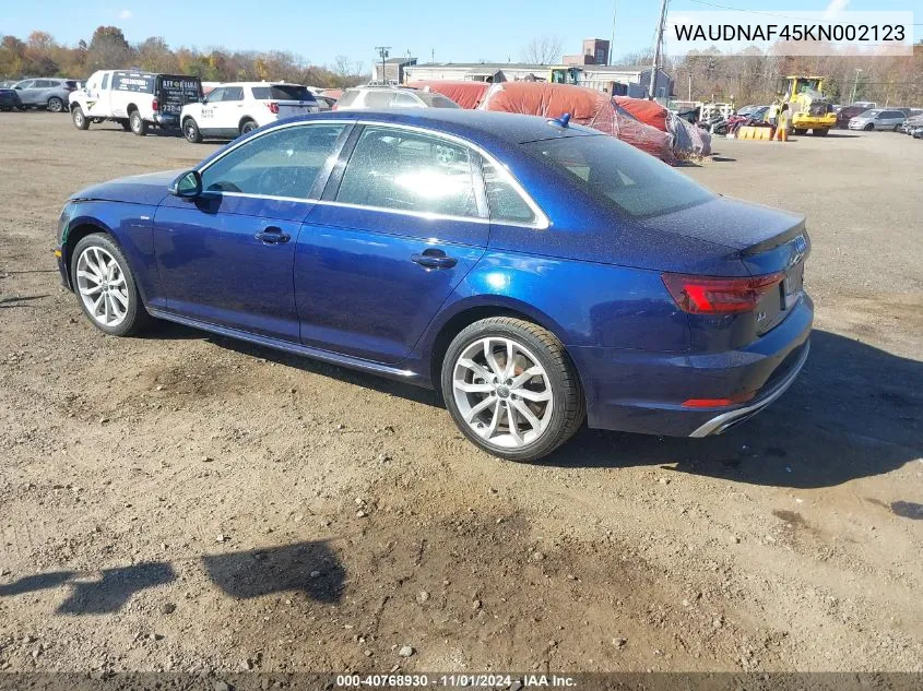 2019 Audi A4 45 Premium VIN: WAUDNAF45KN002123 Lot: 40768930