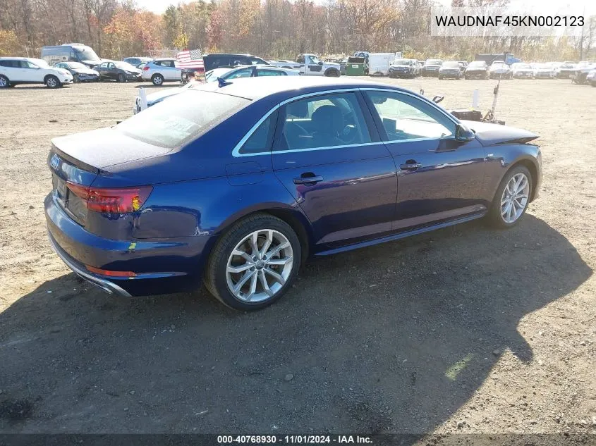 2019 Audi A4 45 Premium VIN: WAUDNAF45KN002123 Lot: 40768930