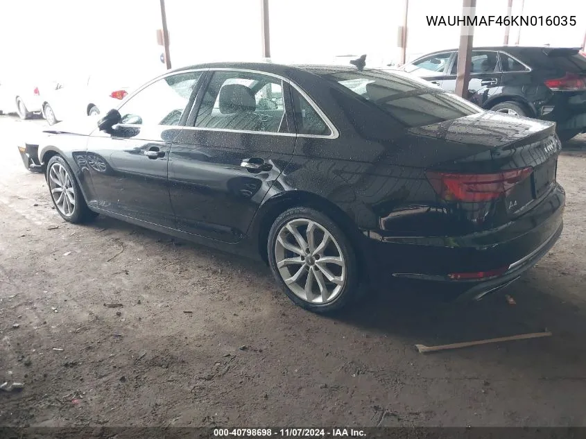 2019 Audi A4 40 Premium VIN: WAUHMAF46KN016035 Lot: 40798698