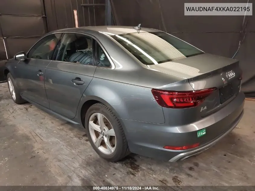 2019 Audi A4 45 Premium VIN: WAUDNAF4XKA022195 Lot: 40834975