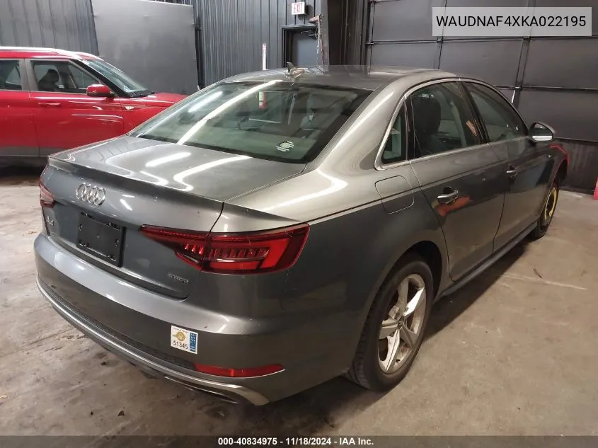 2019 Audi A4 45 Premium VIN: WAUDNAF4XKA022195 Lot: 40834975