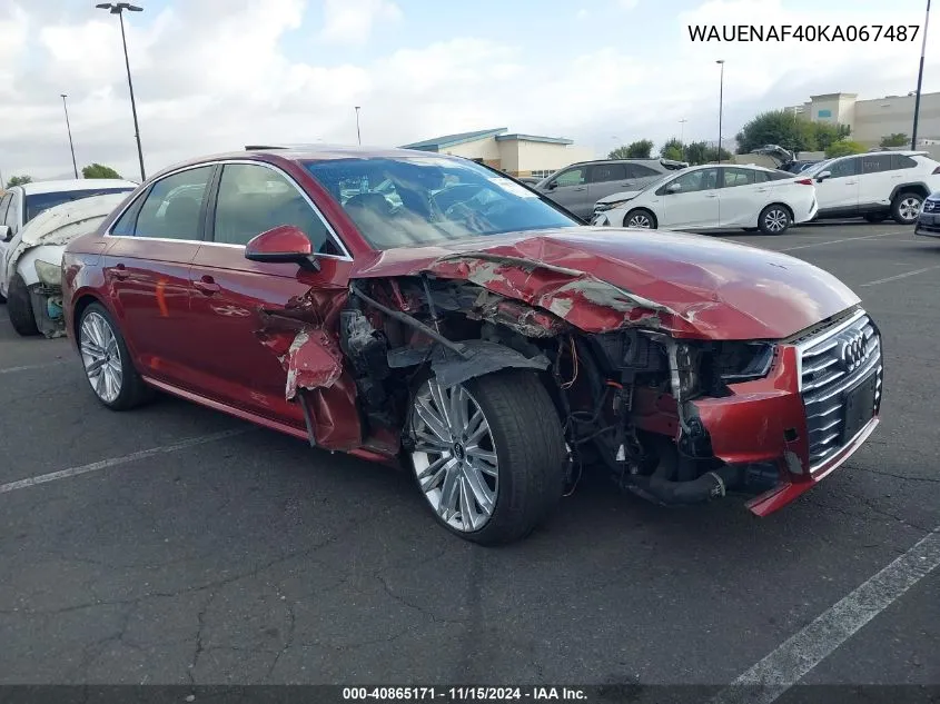 2019 Audi A4 45 Premium VIN: WAUENAF40KA067487 Lot: 40865171