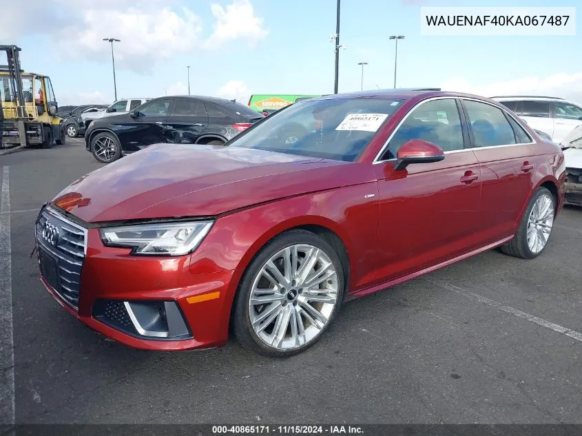 2019 Audi A4 45 Premium VIN: WAUENAF40KA067487 Lot: 40865171