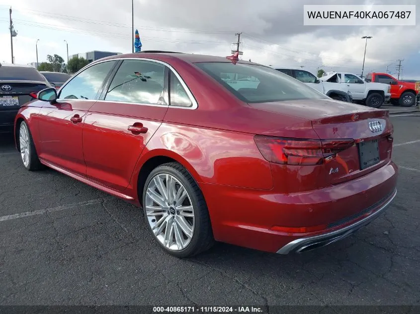 2019 Audi A4 45 Premium VIN: WAUENAF40KA067487 Lot: 40865171