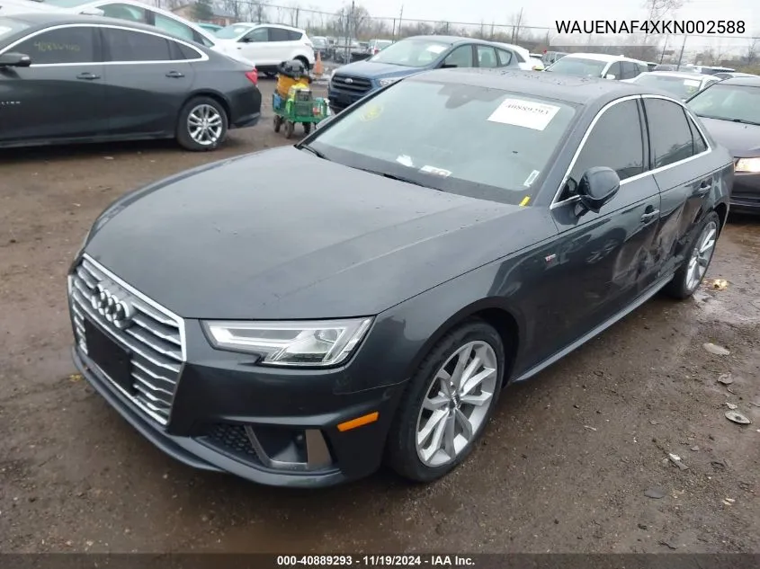 2019 Audi A4 45 Premium VIN: WAUENAF4XKN002588 Lot: 40889293