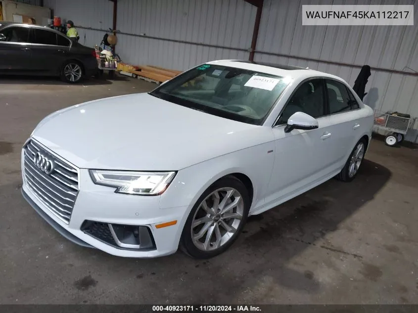 2019 Audi A4 45 Premium VIN: WAUFNAF45KA112217 Lot: 40923171