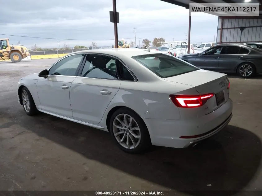 2019 Audi A4 45 Premium VIN: WAUFNAF45KA112217 Lot: 40923171