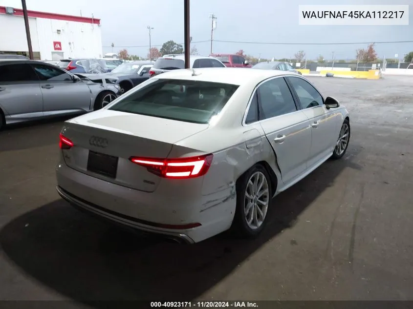 2019 Audi A4 45 Premium VIN: WAUFNAF45KA112217 Lot: 40923171