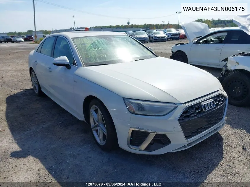 2020 Audi A4 Sedan VIN: WAUENAF43LN006175 Lot: 12075679