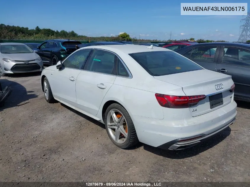 2020 Audi A4 Sedan VIN: WAUENAF43LN006175 Lot: 12075679