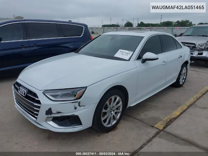 2020 Audi A4 Premium 40 Tfsi Front-Wheel Drive S Tronic VIN: WAUGMAF42LA051465 Lot: 39337411