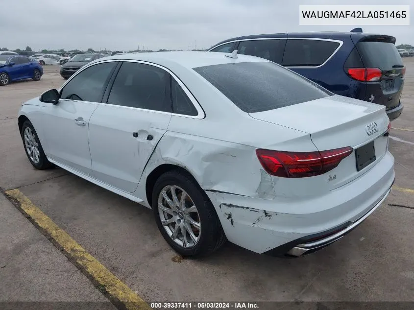 2020 Audi A4 Premium 40 Tfsi Front-Wheel Drive S Tronic VIN: WAUGMAF42LA051465 Lot: 39337411