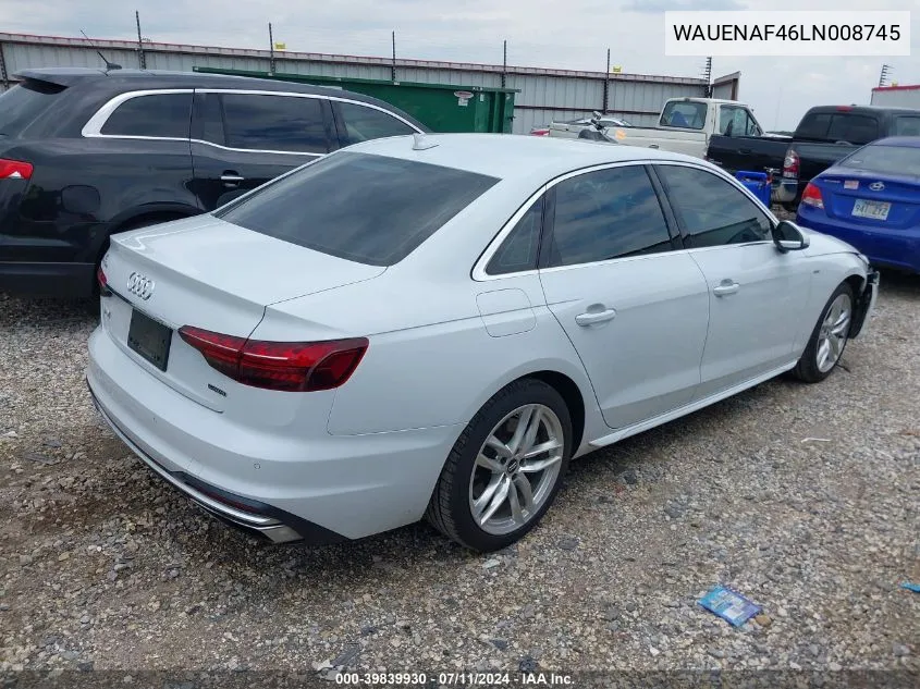 2020 Audi A4 Premium Plus 45 Tfsi Quattro S Tronic VIN: WAUENAF46LN008745 Lot: 39839930