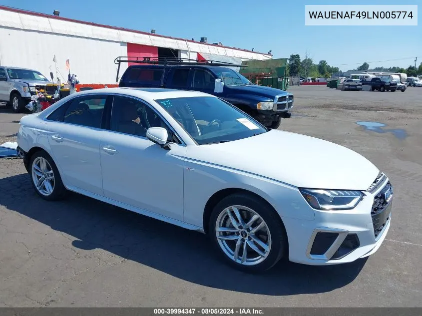 2020 Audi A4 Premium Plus 45 Tfsi Quattro S Tronic VIN: WAUENAF49LN005774 Lot: 39994347