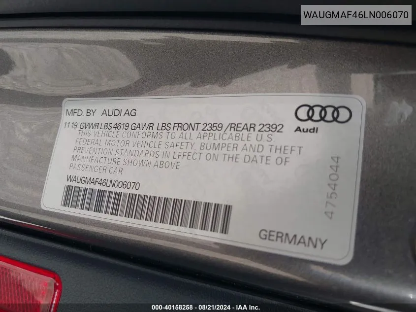 2020 Audi A4 Premium VIN: WAUGMAF46LN006070 Lot: 40158258