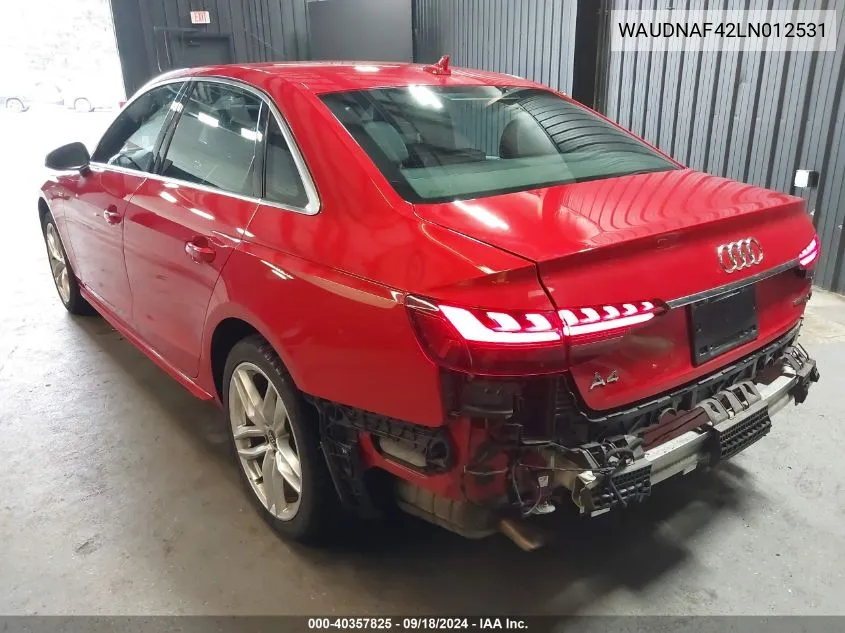 2020 Audi A4 Premium 45 Tfsi Quattro S Tronic VIN: WAUDNAF42LN012531 Lot: 40357825