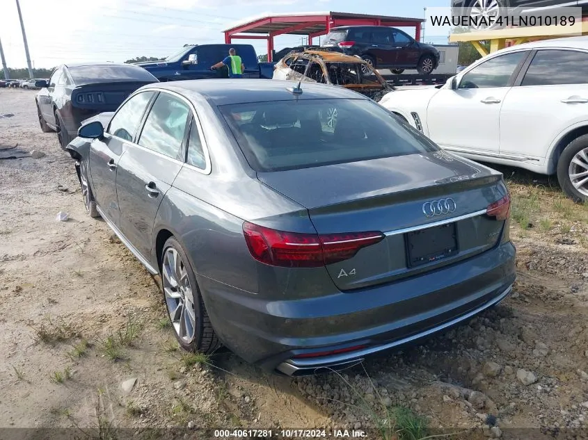 2020 Audi A4 Premium Plus 45 Tfsi Quattro S Tronic VIN: WAUENAF41LN010189 Lot: 40617281