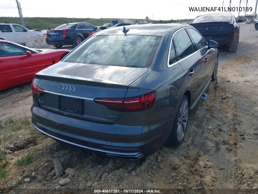 2020 Audi A4 Premium Plus 45 Tfsi Quattro S Tronic VIN: WAUENAF41LN010189 Lot: 40617281