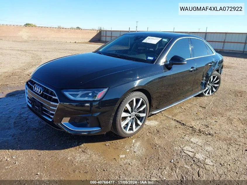 2020 Audi A4 Premium 40 Tfsi Front-Wheel Drive S Tronic VIN: WAUGMAF4XLA072922 Lot: 40766477