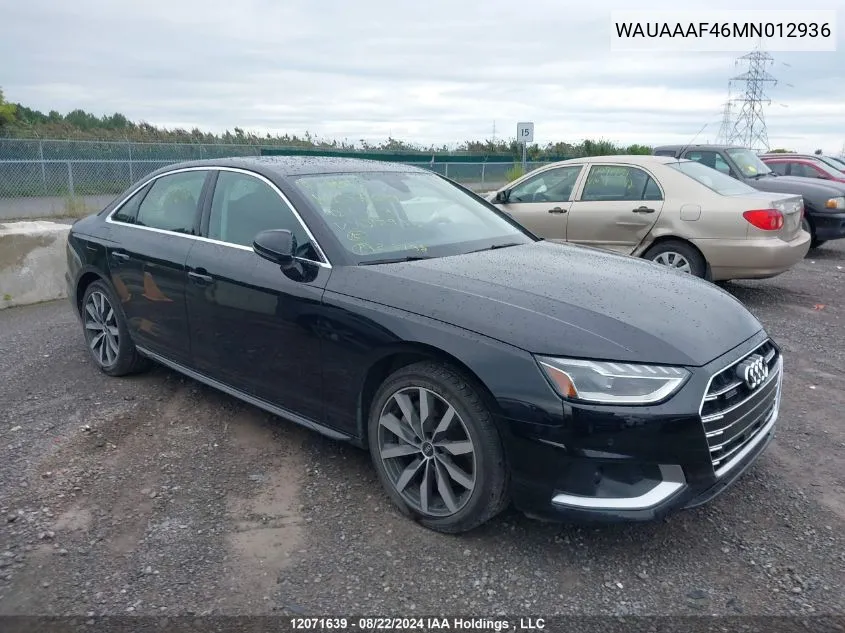 2021 Audi A4 VIN: WAUAAAF46MN012936 Lot: 12071639