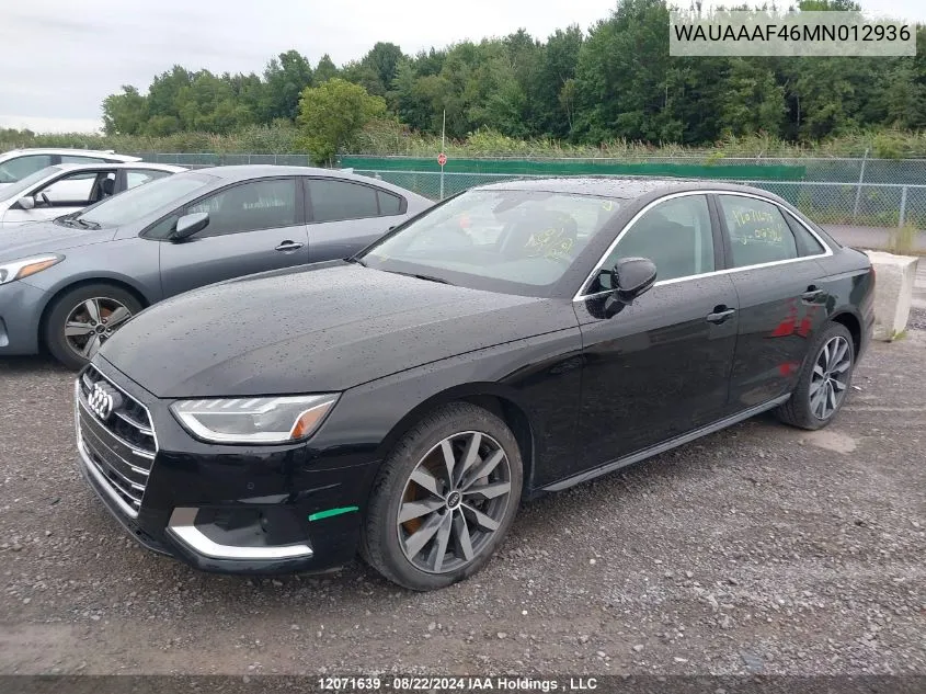 2021 Audi A4 VIN: WAUAAAF46MN012936 Lot: 12071639