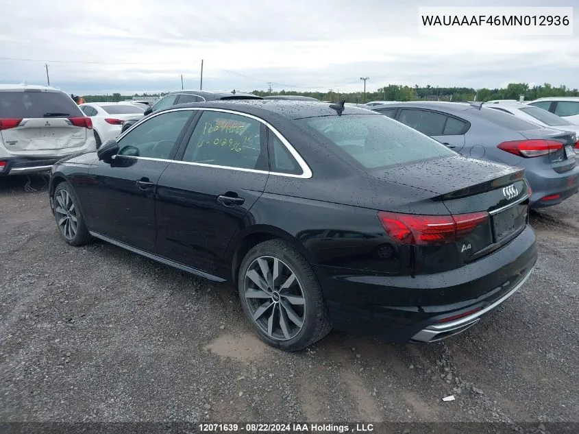 2021 Audi A4 VIN: WAUAAAF46MN012936 Lot: 12071639