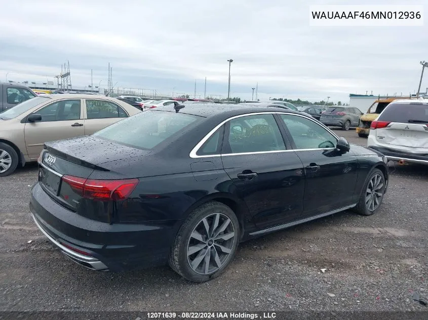 2021 Audi A4 VIN: WAUAAAF46MN012936 Lot: 12071639