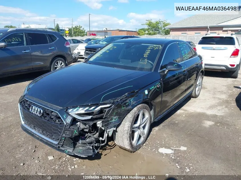 2021 Audi A4 VIN: WAUEAAF46MA036498 Lot: 12086699