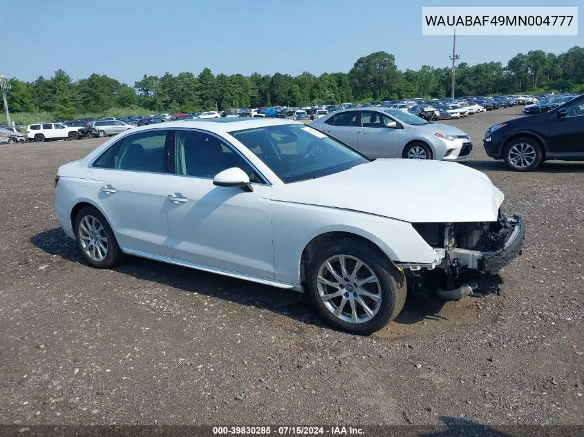 WAUABAF49MN004777 2021 Audi A4 Premium 40 Tfsi Quattro S Tronic