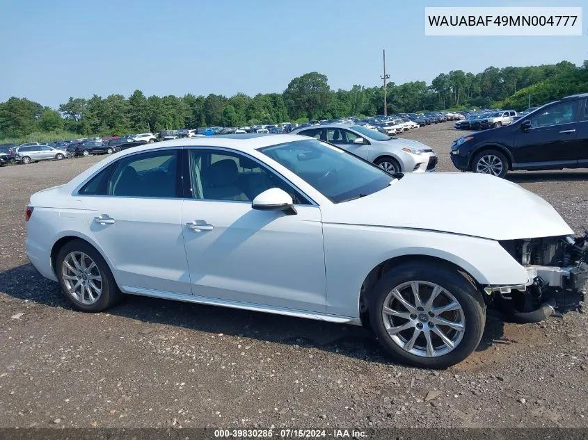 WAUABAF49MN004777 2021 Audi A4 Premium 40 Tfsi Quattro S Tronic