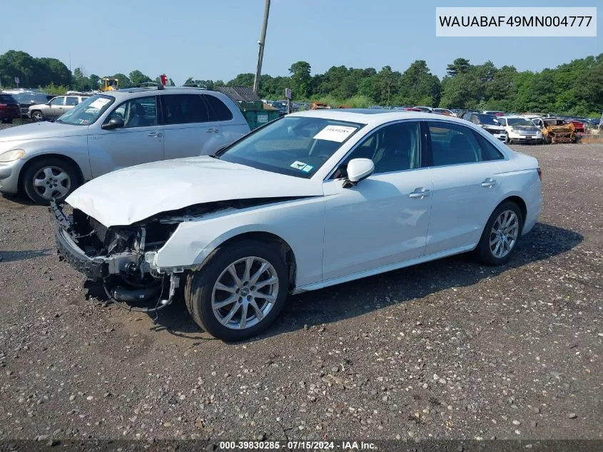 WAUABAF49MN004777 2021 Audi A4 Premium 40 Tfsi Quattro S Tronic