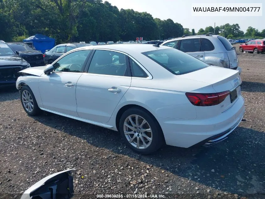 WAUABAF49MN004777 2021 Audi A4 Premium 40 Tfsi Quattro S Tronic