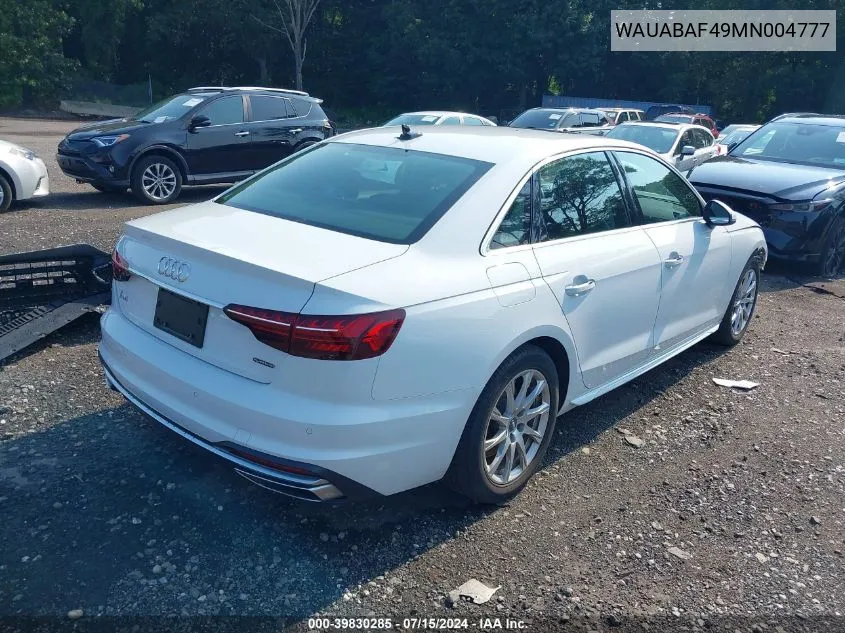 2021 Audi A4 Premium 40 Tfsi Quattro S Tronic VIN: WAUABAF49MN004777 Lot: 39830285